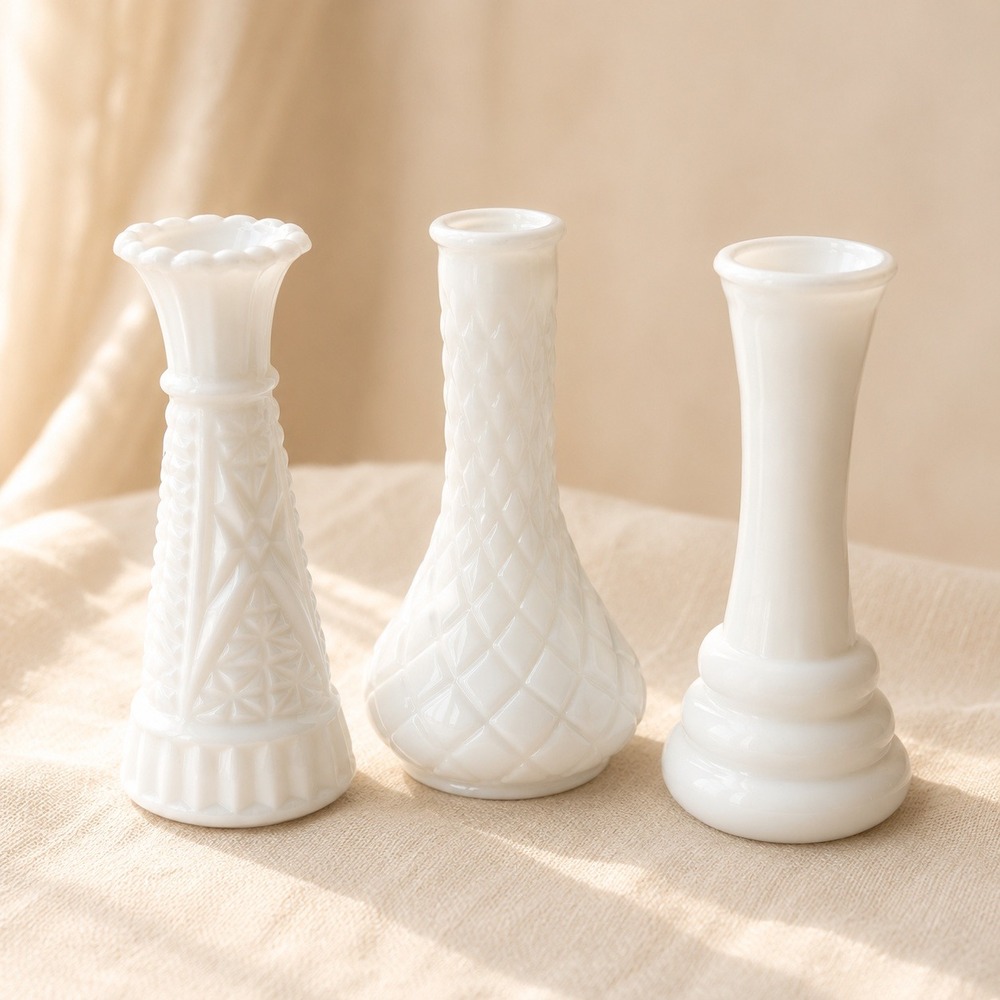 Vintage White Milk Glass Bud Vase Lot of 3 Wedding Farmhouse Cottage Decor Vases
